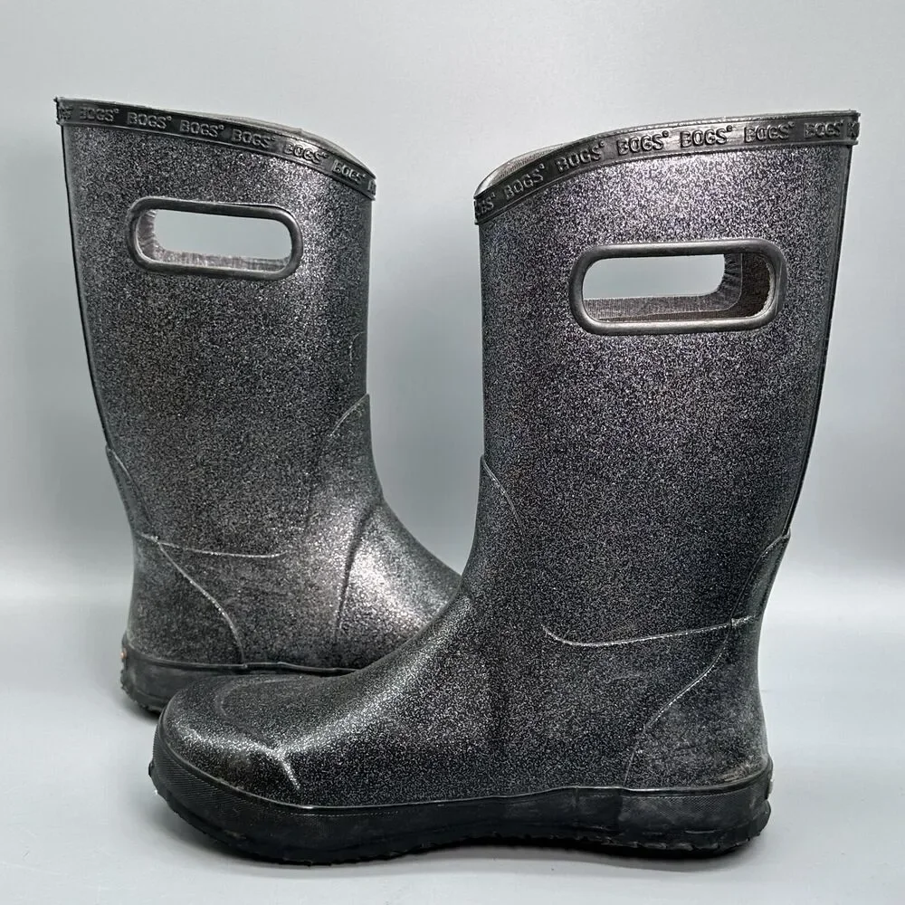 Bogs Rainboot Glitter Youth Girls 6 Gray Black Sparkle Tall Pull On Waterproof